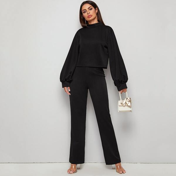 

Keyhole Back Bishop Sleeve Top & Pants, Black