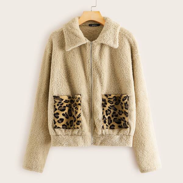 

Zip Up Leopard Pocket Patched Teddy Jacket, Khaki