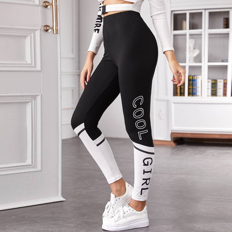 

Two Tone Slogan Graphic Leggings, Black and white