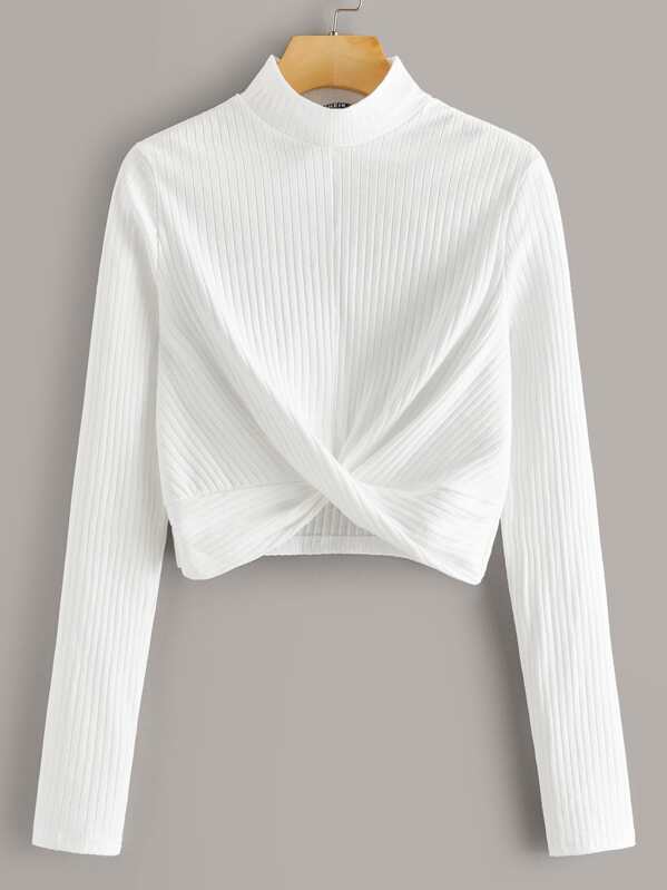 

Twist Hem Rib-knit Solid Tee, White