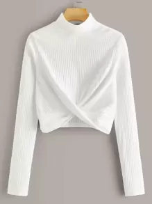 SHEIN 扭結下擺羅紋針織素色t恤 - 白色 - 查看 1