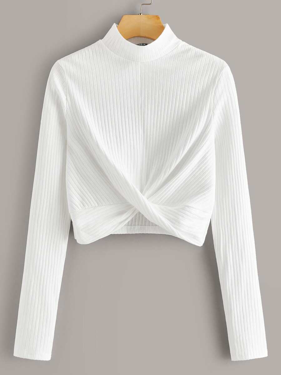SHEIN 扭結下擺羅紋針織素色t恤 - 白色 - 查看 1