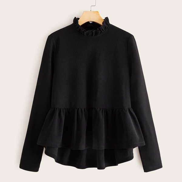 

Frilled Neck Dip Hem Peplum Top, Black