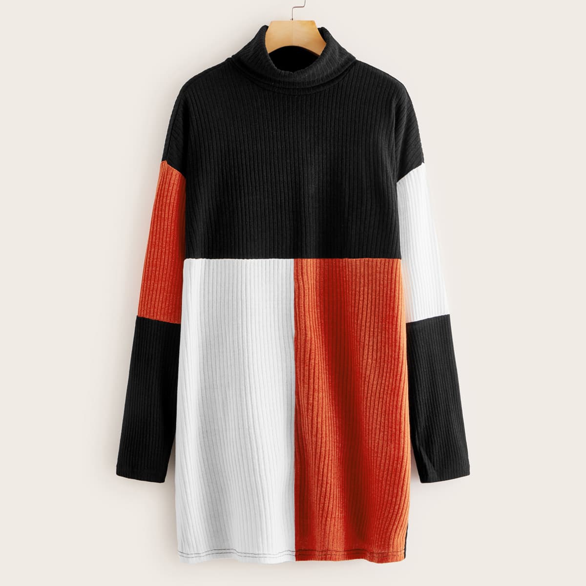 

Turtle Neck Colorblock Rib-knit Tee Dress, Multicolor