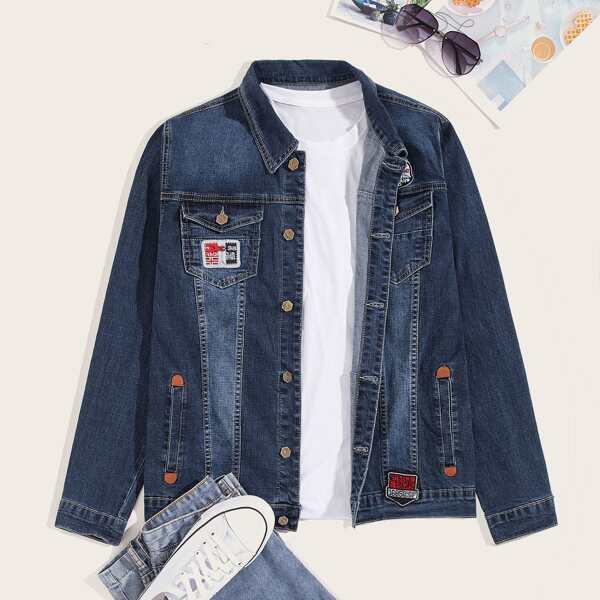 

Men Letter Patched Denim Trucker Jacket, Navy