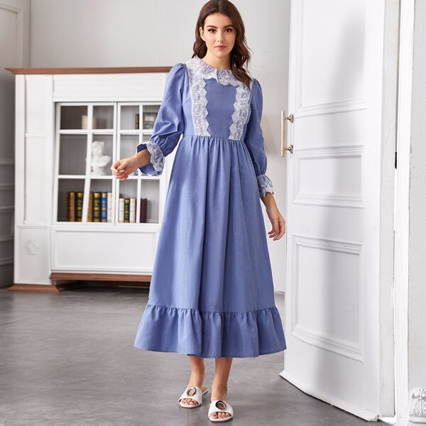 

Lace Trim Bell Sleeve Ruffle Hem Dress, Blue