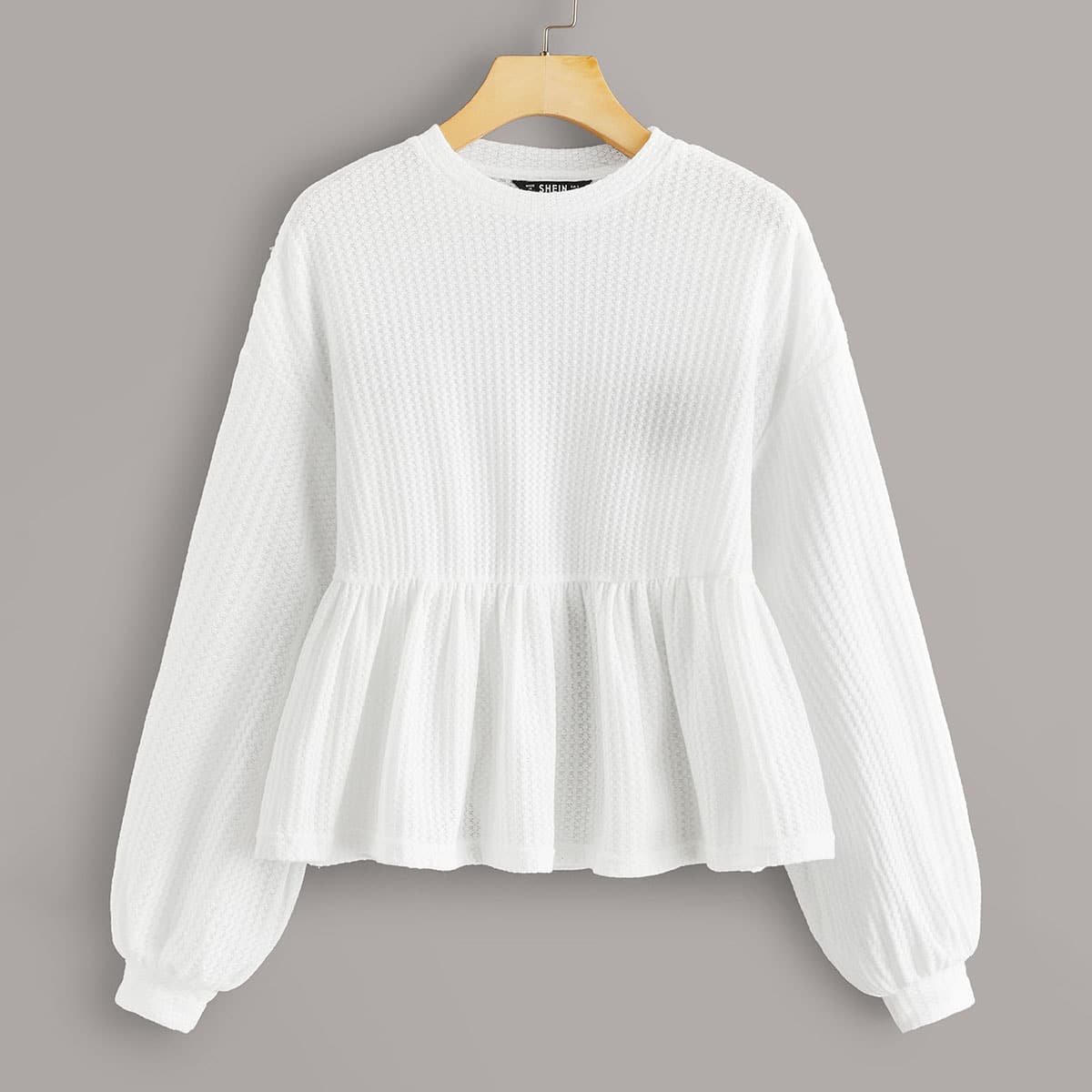 

Drop Shoulder Waffle Knit Ruffle Hem Tee, White