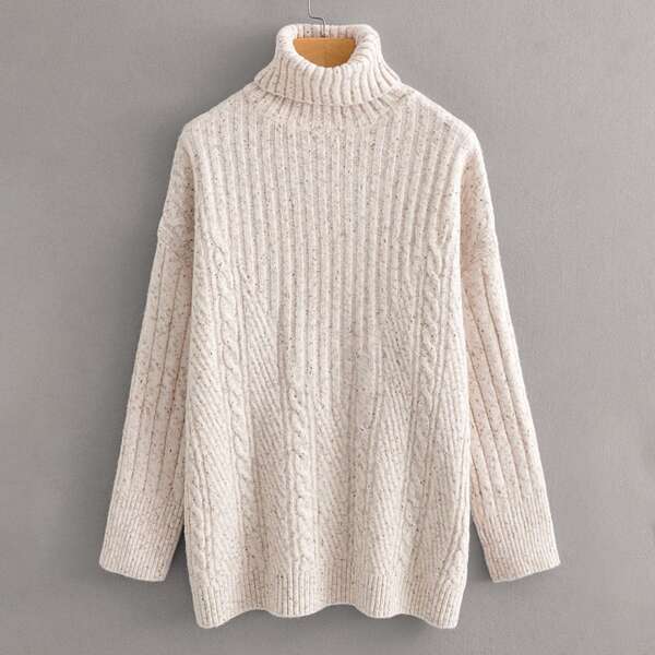 

Cable Knit Turtleneck Sweater, Beige