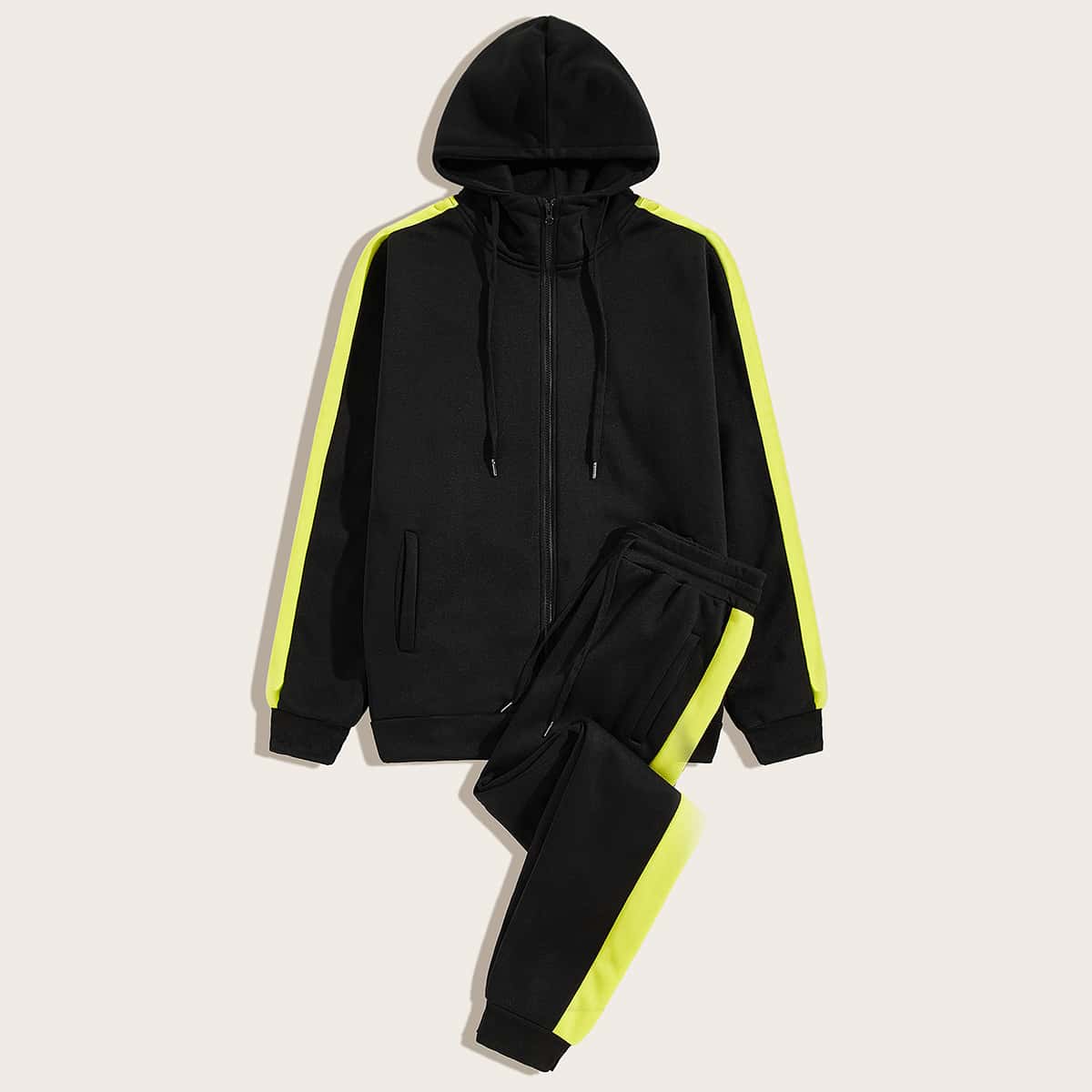 

Guys Contrast Panel Drawstring Hoodie & Sweatpants, Black