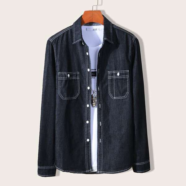 

Men Pocket Front Denim Shirt, Black