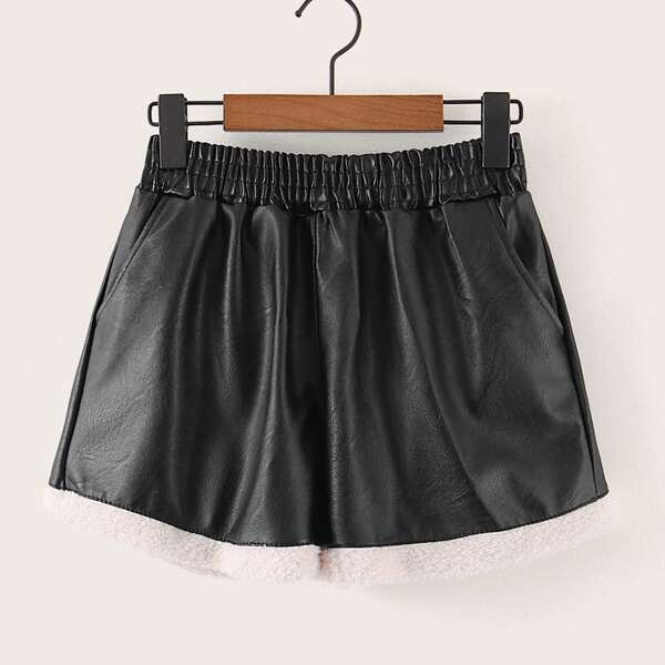 

Contrast Teddy PU Leather Shorts, Black