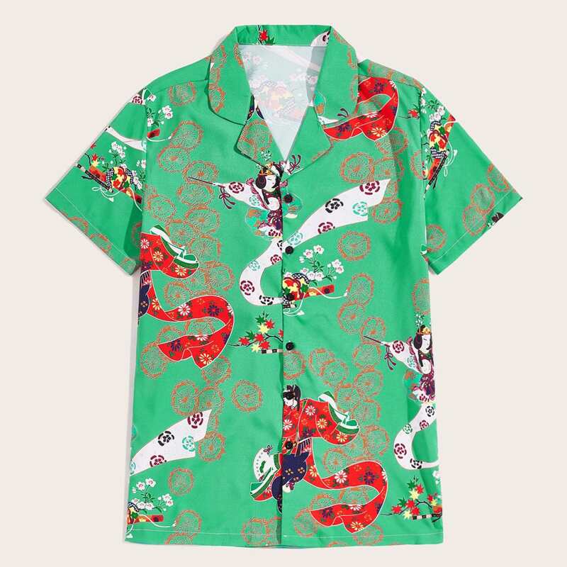 

Guys Figure Print Button Up Shirt, Green