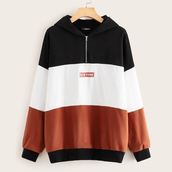 

Letter Graphic Colorblock Half Zipper Hoodie, Multicolor