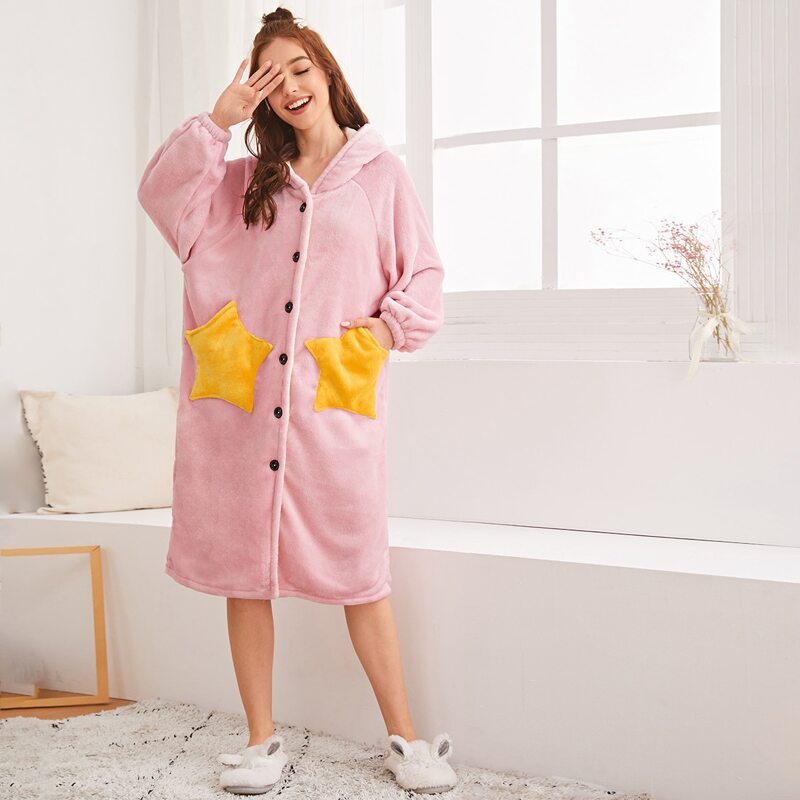 

Star Pattern Button-up Hooded Robe, Pink