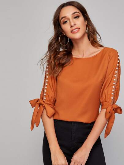 Pearls Split Sleeve Knot Cuff Top