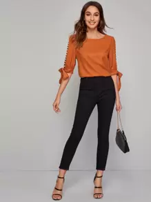 SHEIN Privé Pearls Split Sleeve Knot Cuff Top - Burnt Orange - View 3