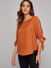SHEIN Privé Pearls Split Sleeve Knot Cuff Top - Burnt Orange - View 4