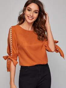 SHEIN Privé Pearls Split Sleeve Knot Cuff Top - Burnt Orange - View 5