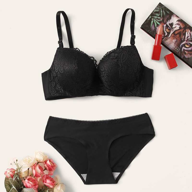 

Contrast Lace Underiwre Lingerie Set, Black