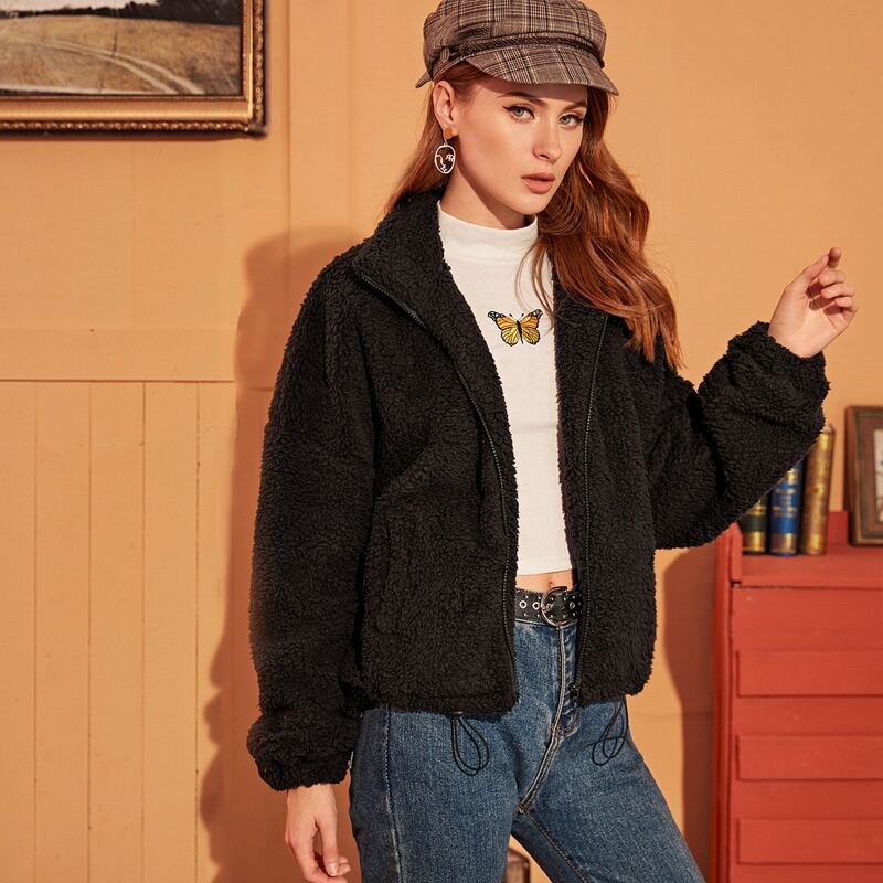 

Solid Drawstring Hem Zip-up Teddy Jacket, Black