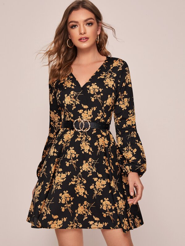 

Surplice Neck Floral Print A-line Dress Without Belted, Black, Luiza