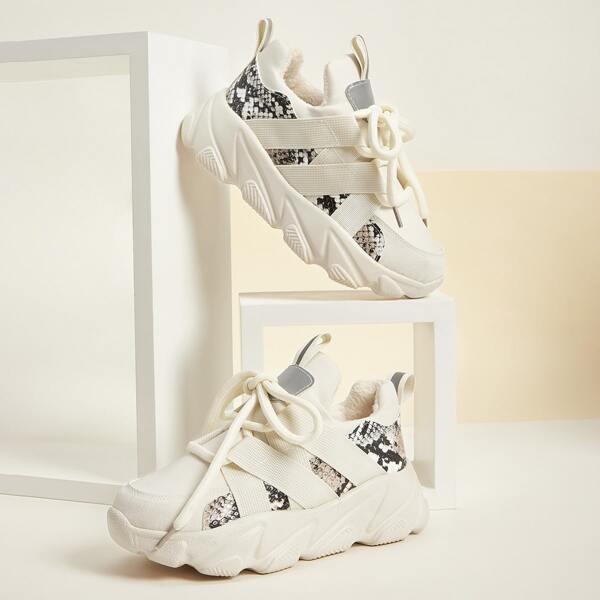 

Lace-up Front Snakeskin Panel Chunky Sneakers, White
