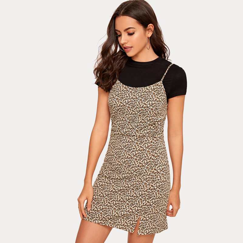 

Leopard Print Slit Hem Cami Dress, Multicolor