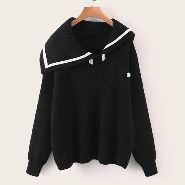 

Sailor Collar Drop Shoulder Sweater, Black