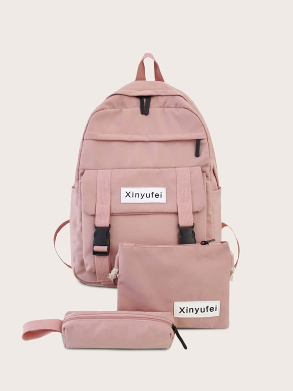 

3pcs Letter Patch Backpack With Pencil Case, Pink