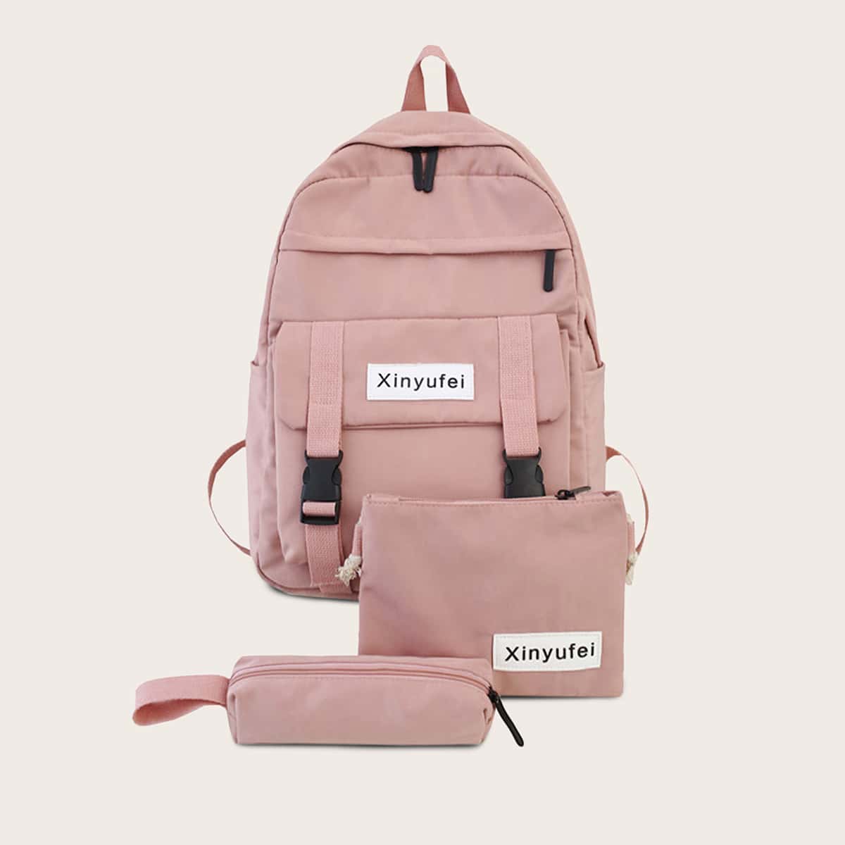 

3pcs Letter Patch Backpack With Pencil Case, Pink