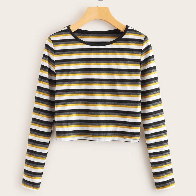 

Rib-Knit Striped Crop Fitted Tee, Multicolor