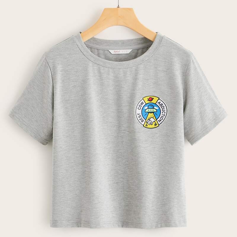 

Letter & Cartoon Graphic Short Sleeve Tee, Grey