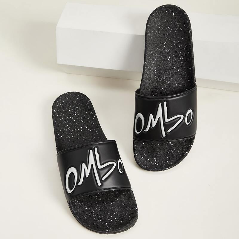 

Guys Letter Graphic Open Toe Sliders, Black