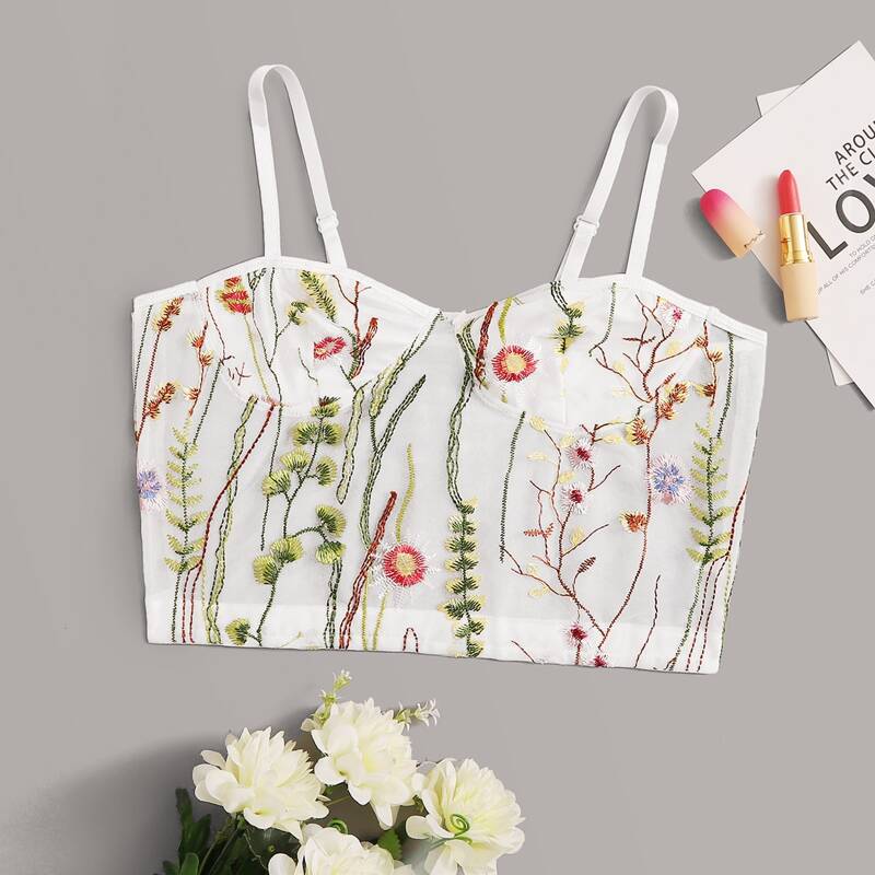 

Floral Embroidery Mesh Bralette, Multicolor