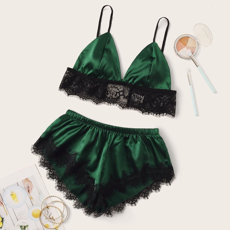 

Lace Trim Satin Lingerie Set, Dark green
