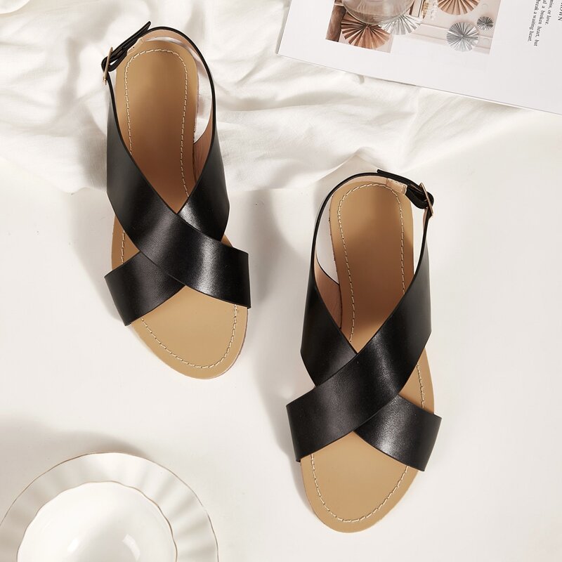 

Cross Strap Slingback Flat Sandals, Black