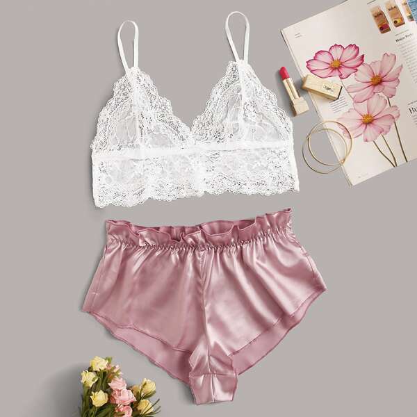 

Contrast Lace Satin Lingerie Set, Multicolor