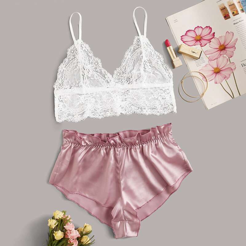 

Contrast Lace Satin Lingerie Set, Multicolor
