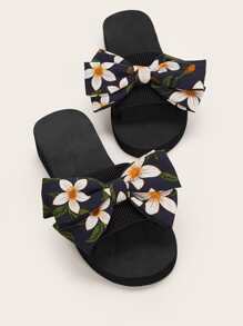 Floral Pattern Bow Decor Open Toe Sliders - Multicolor - View 2