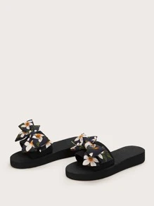 Floral Pattern Bow Decor Open Toe Sliders - Multicolor - View 3