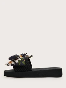 Floral Pattern Bow Decor Open Toe Sliders - Multicolor - View 5