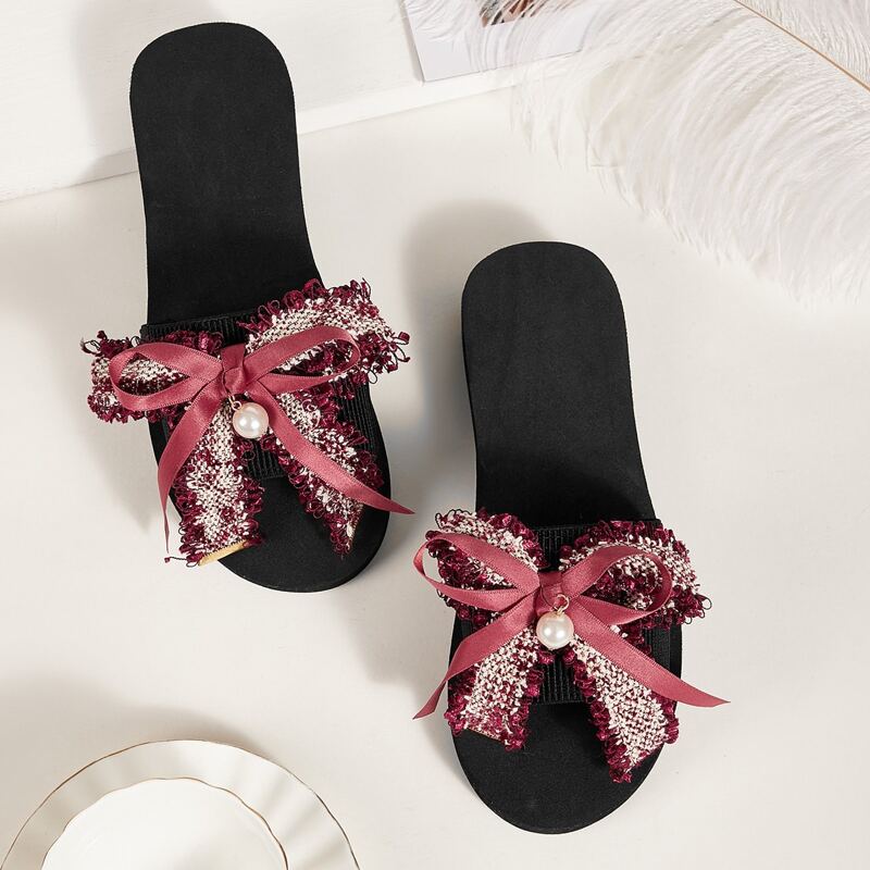 

Faux Pearl & Bow Decor Open Toe Sliders, Multicolor