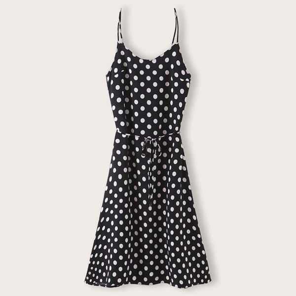 

Polka Dot Belted Cami Dress, Black and white