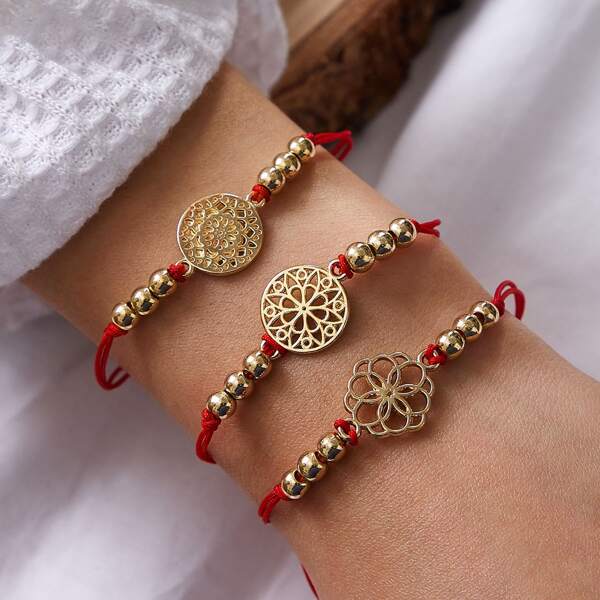 

3pcs Round Flower & Bead Decor String Bracelet, Red