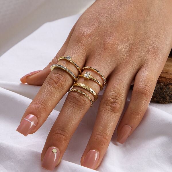 

6pcs Simple Rhinestone Engraved Ring, Gold