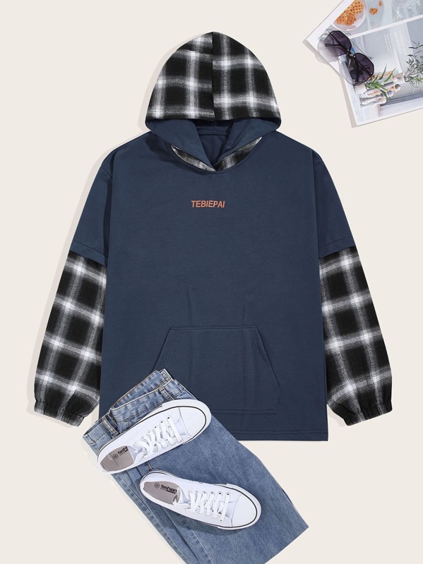 

Men Letter Print Hooded Sweatshirt, Navy