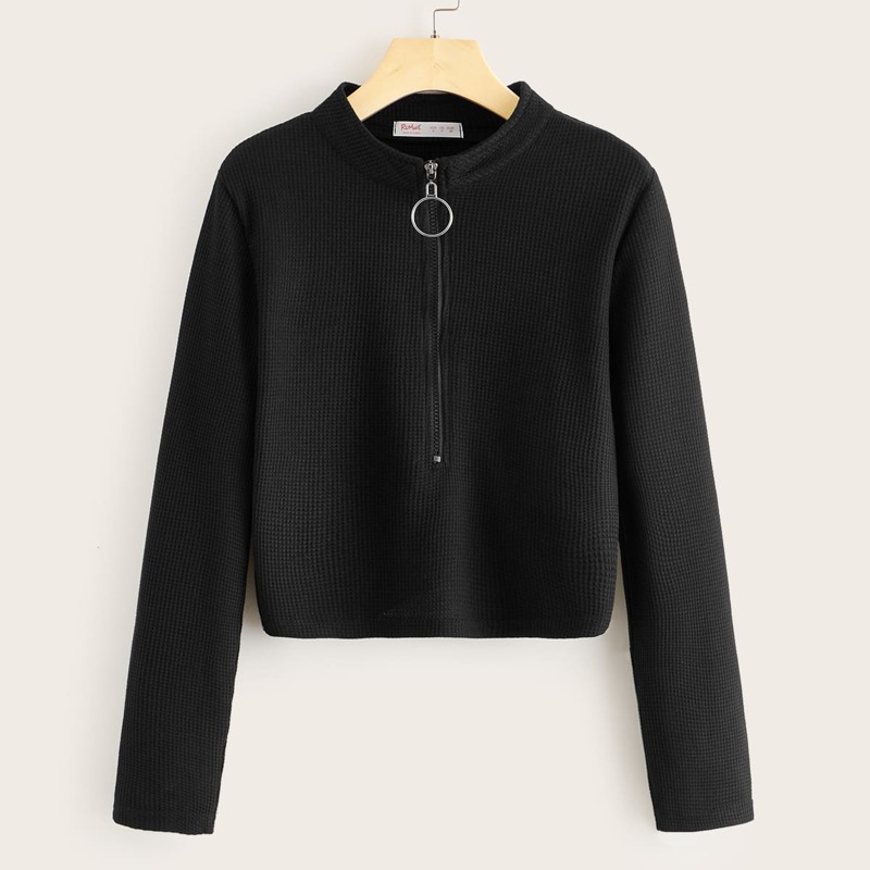 

Half Zip Waffle Knit Ribbed Tee, Black