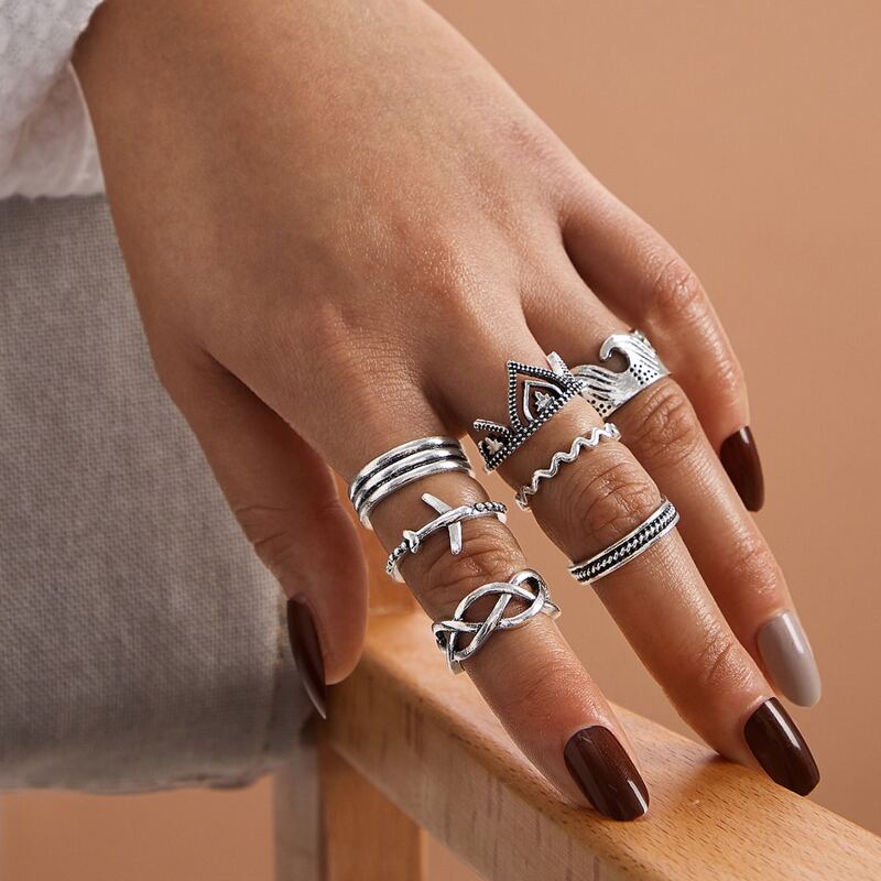 

7pcs Airplane Decor Vintage Ring, Silver