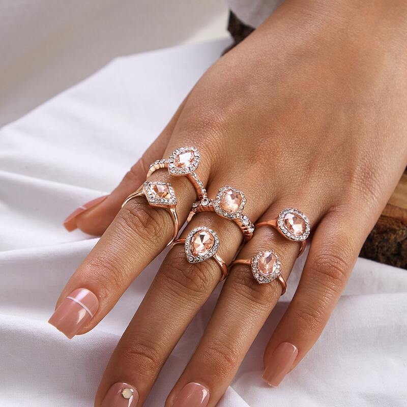 

6pcs Gemstone Decor Ring, Gold