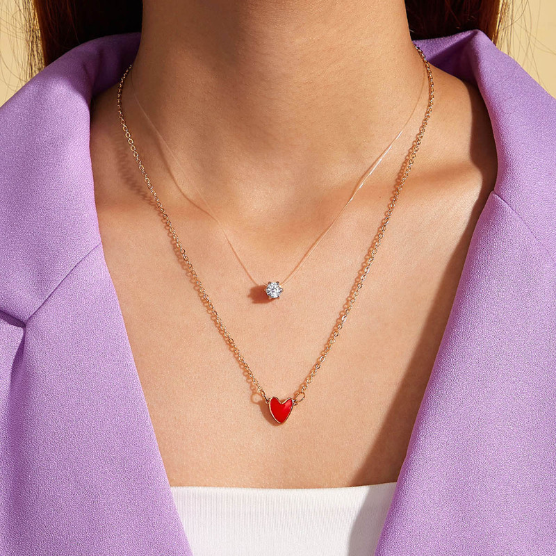 

2pcs Heart & Rhinestone Charm Necklace, Gold